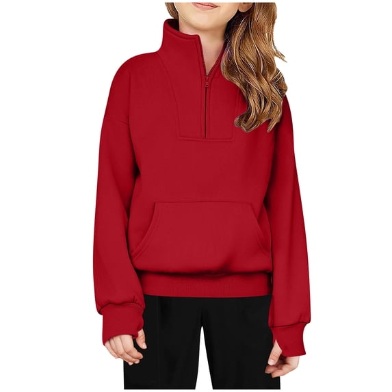 TFEOQRY Tween Girls Half Zip Crewneck Sweatshirt Middle Big Kids Solid Color Long Sleeve Stand-Up Collar Pullover Tops Sweatshirts Red