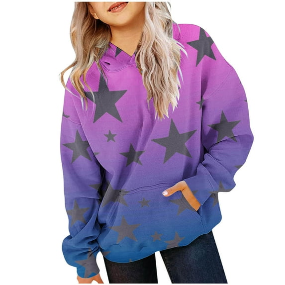 TFEOQRY Tween Girls Hooded Sweatshirt Long Sleeved Fashionable star printed Pattern T-shirt Round Neck Top with pockets