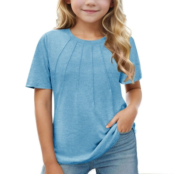 TFEOQRY Tween Girls Solid Color T-Shirts Pleated Kids Summer Short Sleeve Fashion Tops Tees