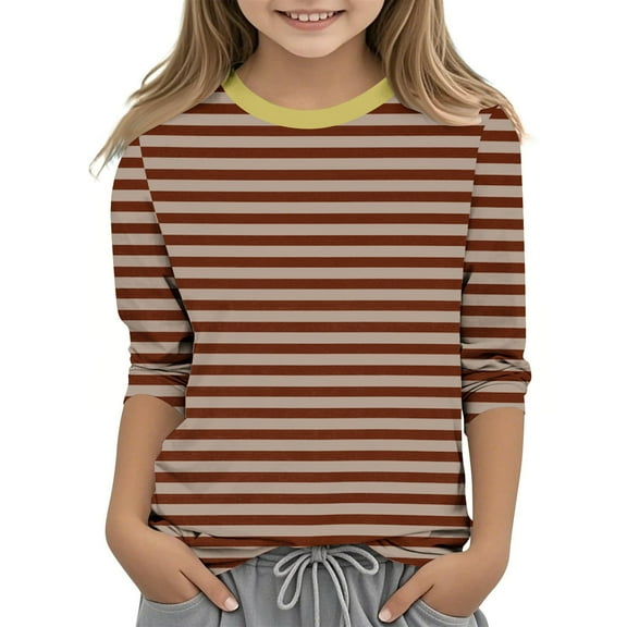 TFEOQRY Tween Girls Stripe Blouses Pullover Tops Fashion Solid Color 3/4 Sleeve Round Neck Top Shirt