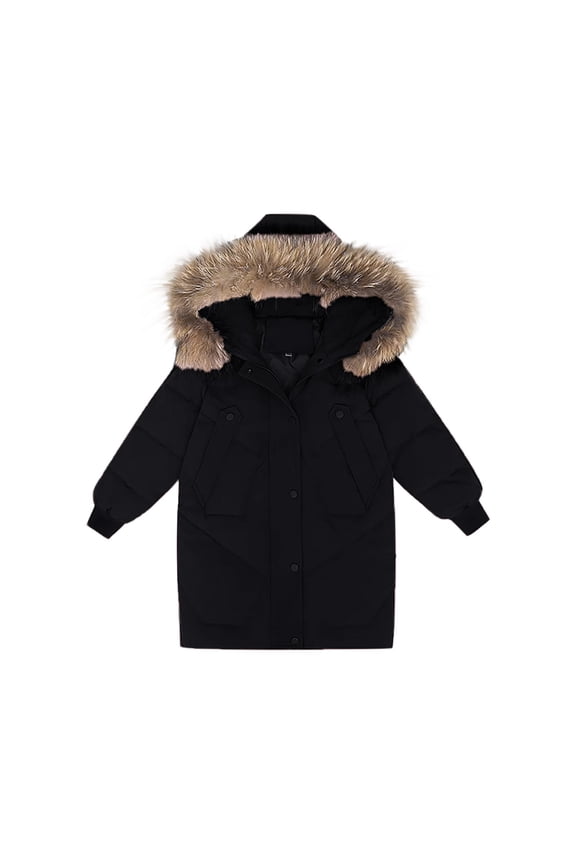Tween Girls' Winter Padded Coats Parkas Solid Color Big Collar Hooded Cotton Coat Thickened Medium and Large Cotton Jacket Black