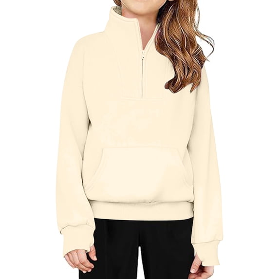 TFEOQRY Tween Mid To Large Girls Winter Half Zipper Sweatshirt Solid Color High Neck Hoodless Pullover Sweatshirt Tops Khaki