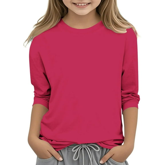 TFEOQRY Tween girls Fashion Round Neck Blouses tops Solid Color 3/4 Sleeve Round Neck shirt