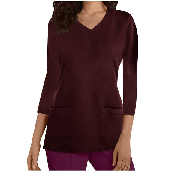 TFEOQRY V-Neck Scrubs for Women Solid Color 3/4 Sleeve T-Shirt Nursing Clothes Top-Burgundy