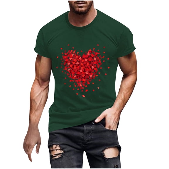 TFEOQRY Valentine's Day Sport Fitness T-Shirt for Men Heart Printed Short Sleeve Round Neck Shirt Tops Olive Green