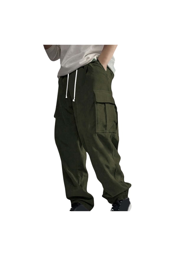Wide Leg Pants for Men Casual Solid Color Full Length Pants with Pockets Medium Waist Trousers Olive Green