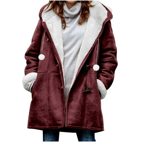 TFEOQRY Women Winter Plus Size Horn Buttons Coat Solid Color Plus Velvet Coat Long Sleeve Outwear Jackets with Pockets Burgundy