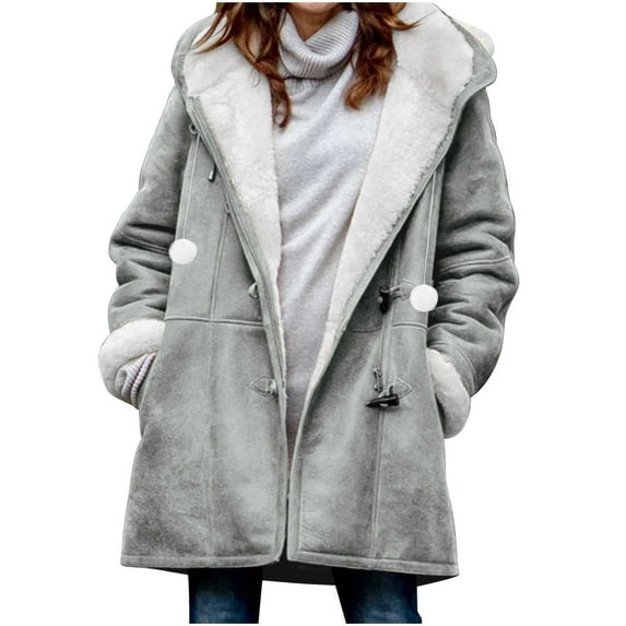 TFEOQRY Women Winter Plus Size Horn Buttons Coat Solid Color Plus Velvet Coat Long Sleeve Outwear Jackets with Pockets Gray