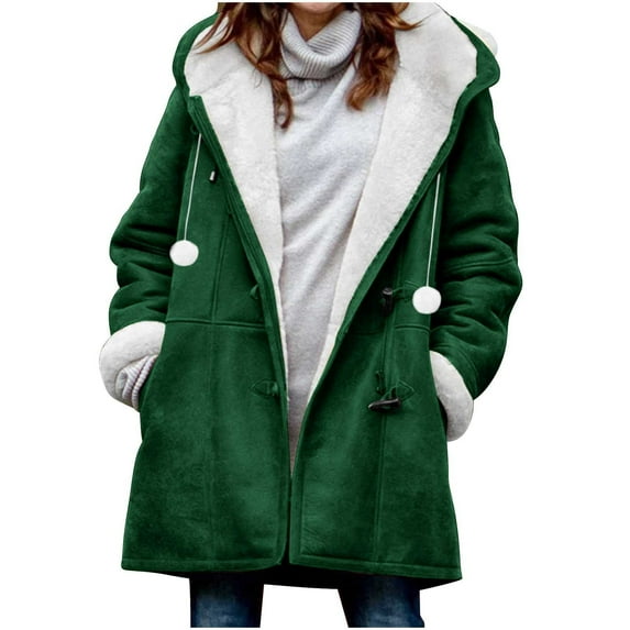 TFEOQRY Women Winter Plus Size Horn Buttons Coat Solid Color Plus Velvet Coat Long Sleeve Outwear Jackets with Pockets Green