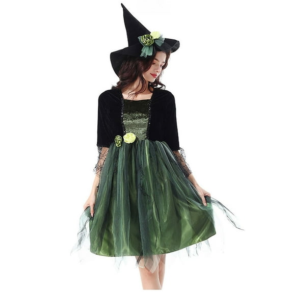 TFEOQRY Women's 2Pcs Witch Outfit Set Pointed Hat Floral Decor Half Sleeve Mesh Dress Outfit Green