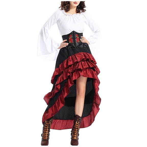 TFEOQRY Women's 3Pcs Renaissance Pirate Outfit Set with Ruffled Top Corset Belted High Low Ruffle Skirt Outfit White