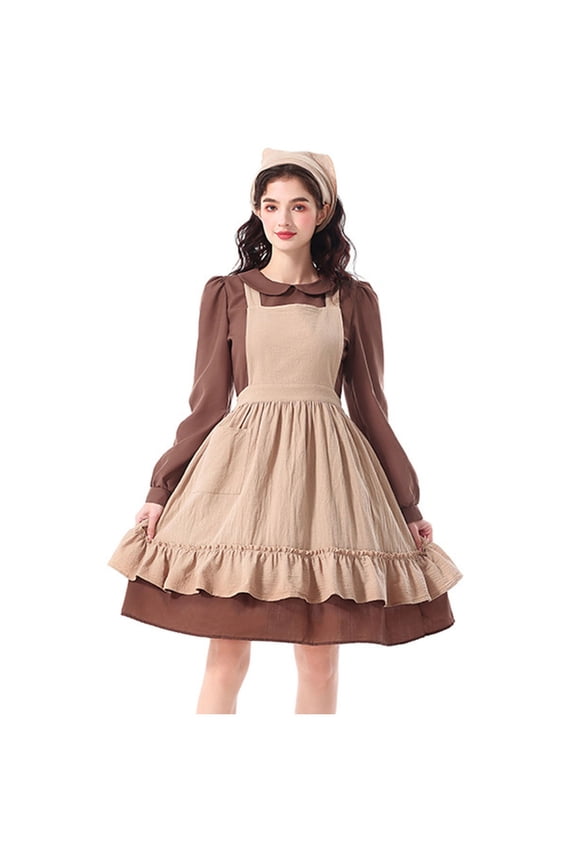Women's 3Pcs Settler Colonial Dress Outfit Set with Blouse Pinafore Dress Ruffled Hem Headband Outfit Coffee