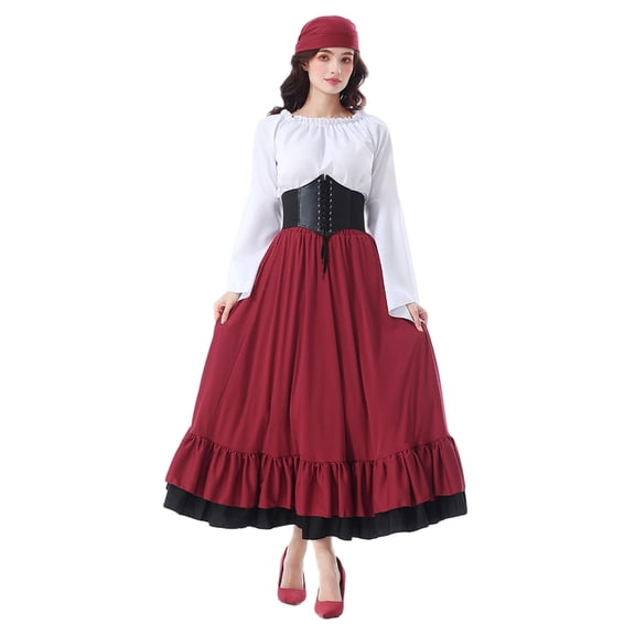 TFEOQRY Women's 4 Pcs Medieval Outfit Set with Ruffled Top Corset Belted Ruffled Skirt Headband Renaissance Outfit Red