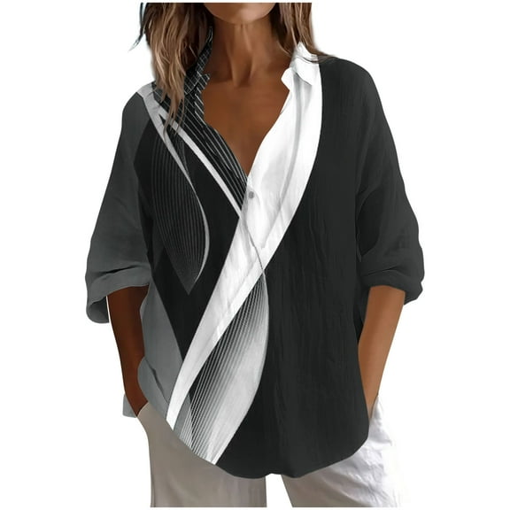TFEOQRY Women's Abstract Print Shirt Collared Button Neck Long Sleeve Casual Pullover Fashion Daily Wear Top Black