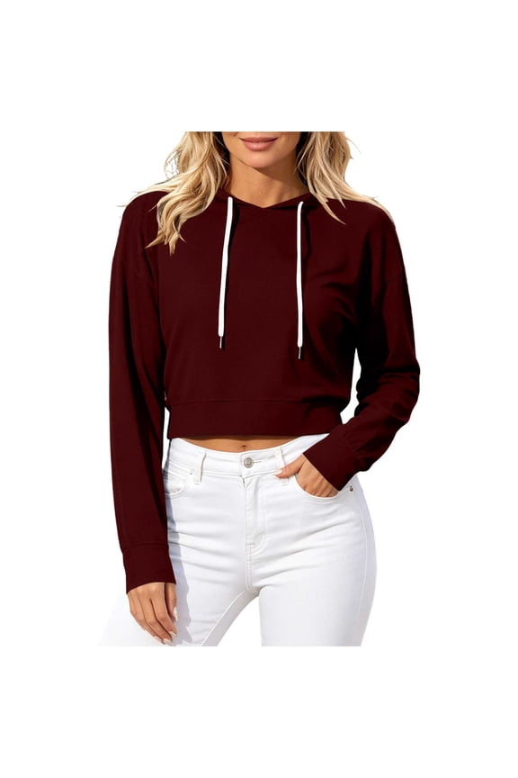 Women's Backless Cropped Hoodie Sweatshirts Drawstring Long Sleeve Solid Color Causal Open Back Crop Pullover Top