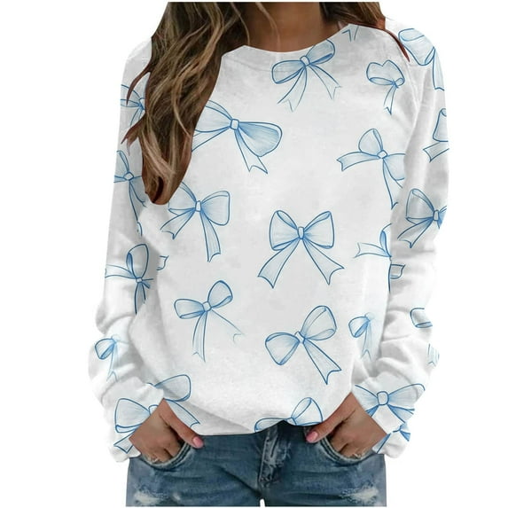 TFEOQRY Women's Bow Print T Shirt Crew Neck Long Sleeve Casual Loose Pullover Fall Daily Wear Top Light Blue-3