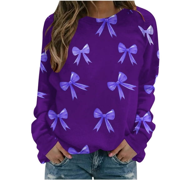 TFEOQRY Women's Bow Print T Shirt Crew Neck Long Sleeve Casual Loose Pullover Fall Daily Wear Top Purple