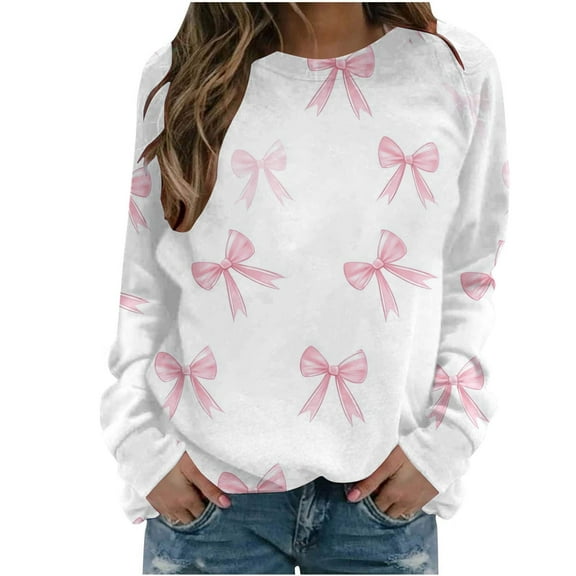 TFEOQRY Women's Bow Print T Shirt Crew Neck Long Sleeve Casual Loose Pullover Fall Daily Wear Top White