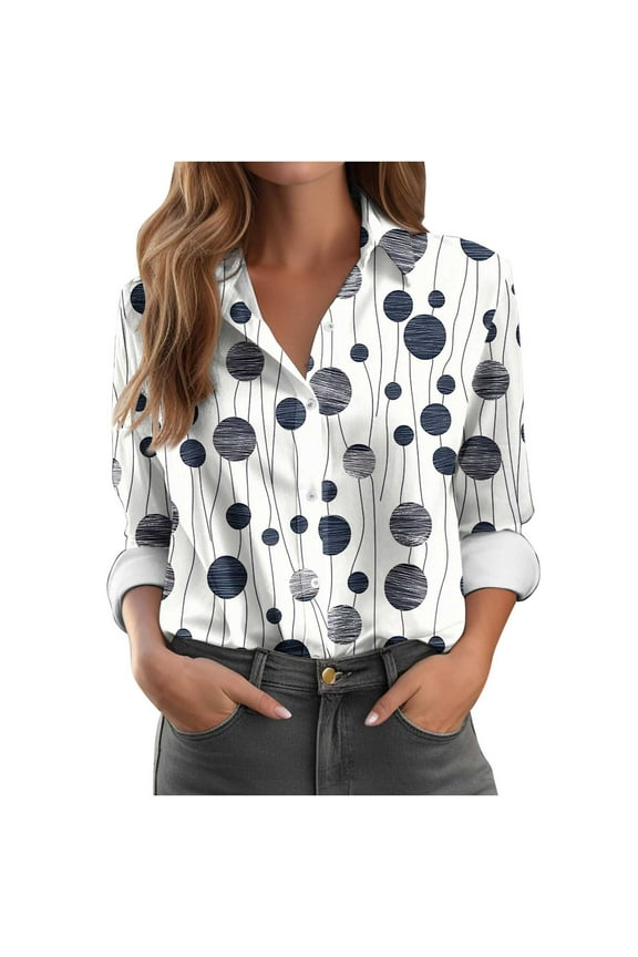 Women's Button Down Blouse Circular Pattern Long Sleeve Casual Office Fashion Printed Shirt Navy