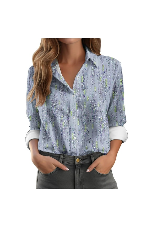 Women's Button Down Blouse Shirt Drip Pattern Print Long Sleeve Casual Office Fashion Shirt Blue