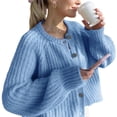 thumbnail image 1 of TFEOQRY Women's Button Front Cardigan Sweater Crew Neck Long Sleeve Ribbed Knit Cropped Loose Casual Tops Blue, 1 of 5