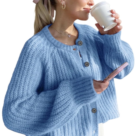 TFEOQRY Women's Button Front Cardigan Sweater Crew Neck Long Sleeve Ribbed Knit Cropped Loose Casual Tops Blue