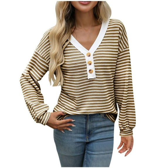 TFEOQRY Women's Button V Neck Top Striped Knit Long Sleeve Casual Pullover Fall Winter Sweaters Coffee