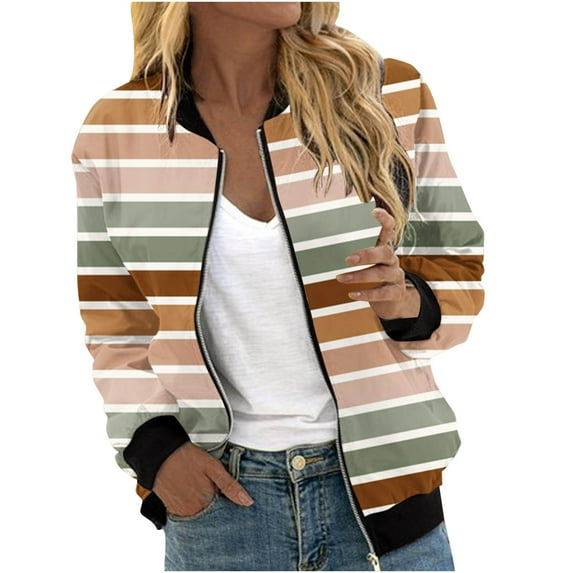 TFEOQRY Women's Cardigan Jacket Fashion Striped Printed Zipper Top Jacket with Pocket Long Sleeve Hoodless Outwear Brown