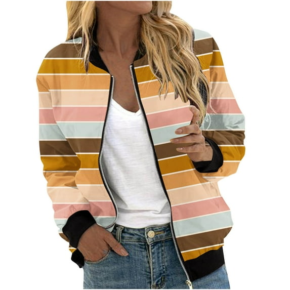 TFEOQRY Women's Cardigan Jacket Fashion Striped Printed Zipper Top Jacket with Pocket Long Sleeve Hoodless Outwear Orange