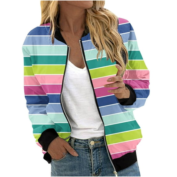 TFEOQRY Women's Cardigan Jacket Fashion Striped Printed Zipper Top Jacket with Pocket Long Sleeve Hoodless Outwear Purple