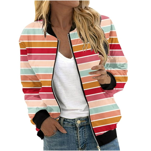 TFEOQRY Women's Cardigan Jacket Fashion Striped Printed Zipper Top Jacket with Pocket Long Sleeve Hoodless Outwear Red