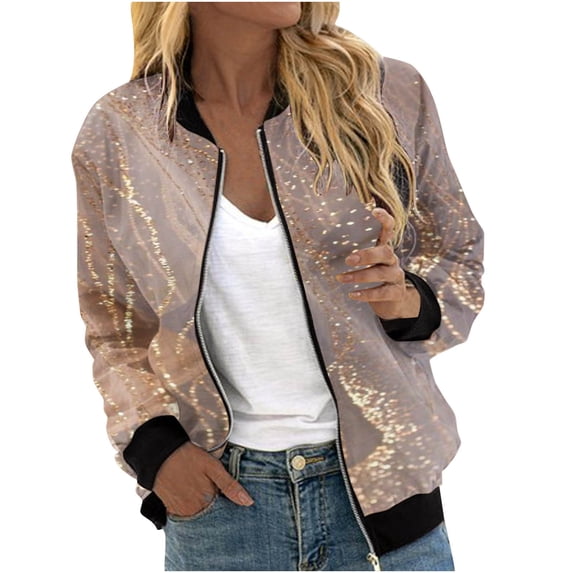 TFEOQRY Women's Cardigan Jacket Fashionable Printed Zipper Top Jacket with Pockets Long Sleeve Hoodless Outwear Gold