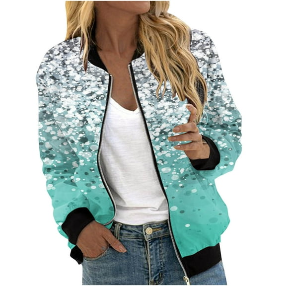 TFEOQRY Women's Cardigan Jacket Fashionable Printed Zipper Top Jacket with Pockets Long Sleeve Hoodless Outwear Light Blue