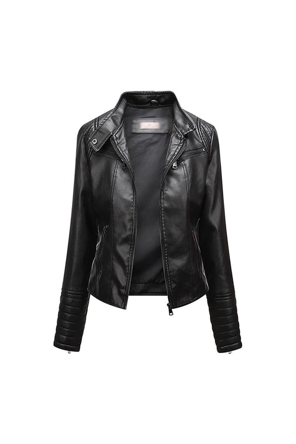 Women's Cardigan Tops Solid Color Short Zipper Leather Jacket Cardigan Long Sleeved Cardigan Top Black