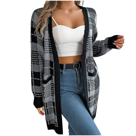 TFEOQRY Women's Casual Cardigan Sweater Color Blocking Checkered Long Sleeved Cardigan Jacket with Pockets Black