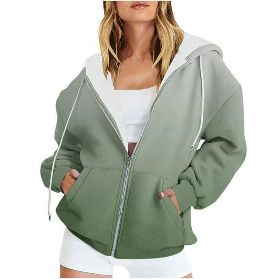 TFEOQRY Women's Casual Gradient Jacket Top Long Sleeved Hooded Sweatshirt Zippered Drawstring Outwear Jackets with Pockets Green