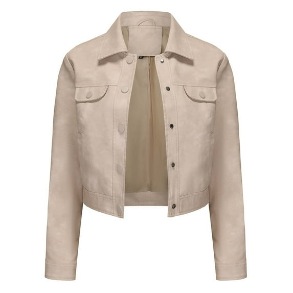TFEOQRY Women's Casual Leather Jacket Solid Color Casual Thin Short Leather Coat Long Sleeved Cardigan Top Beige
