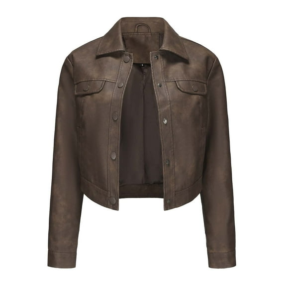 TFEOQRY Women's Casual Leather Jacket Solid Color Casual Thin Short Leather Coat Long Sleeved Cardigan Top Brown