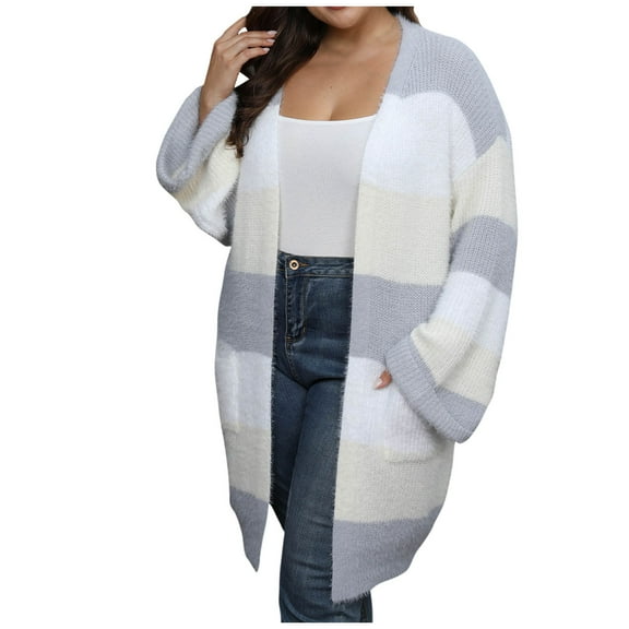 TFEOQRY Women's Casual Outwear Large Size Spliced Color Double Pocket Striped Sweater Jacket Long Sleeved Cardigan Top Gray