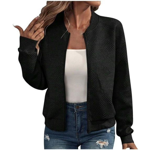 TFEOQRY Women's Casual Outwear Solid Color Zipper Jacket Top Long Sleeved Cardigan Top Black