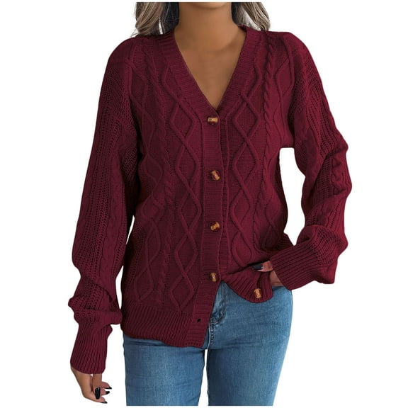 TFEOQRY Women's Casual V-Neck Knit Shirts Lantern Sleeve Dough Twists Button Knitting Cardigan Sweater Coat Top Burgundy