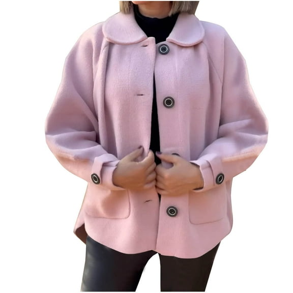 TFEOQRY Women's Casual Woolen Overcoat Jackets Fashion Long Sleeve Solid Color Button Coat Outwear Jacket with Pocket Pink