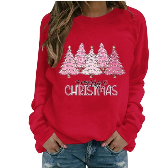 TFEOQRY Women's Christmas Sweatshirts Creative Christmas Printed Pullover Round Neck Long Sleeve Hoodless Sweatshirts Red-1