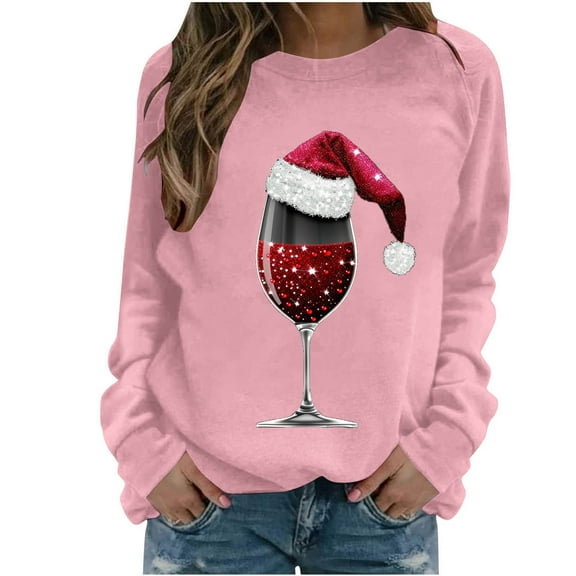 TFEOQRY Women's Christmas Sweatshirts Fashion Casual Loose Christmas Related Printed Pullover Round Neck Long Sleeve Hoodless Sweatshirts Pink-7