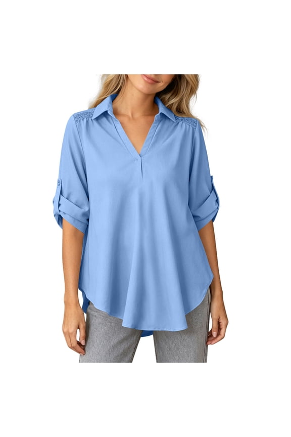 Women's Collared Blouse 3/4 Sleeve Roll Tab Sleeve Shoulder Lace Decor Flowy Hem Lightweight Shirts