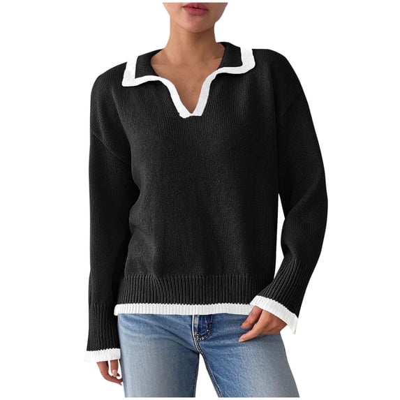 TFEOQRY Women's Collared V Neck Sweater Contrast Ribbed Edge Long Sleeve Casual Pullover Top Black