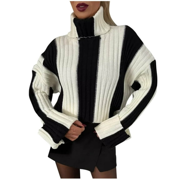 TFEOQRY Women's Color Block Striped Sweater Turtleneck Ribbed Knit Long Sleeve Loose Pullover Casual Fall Winter Top Black