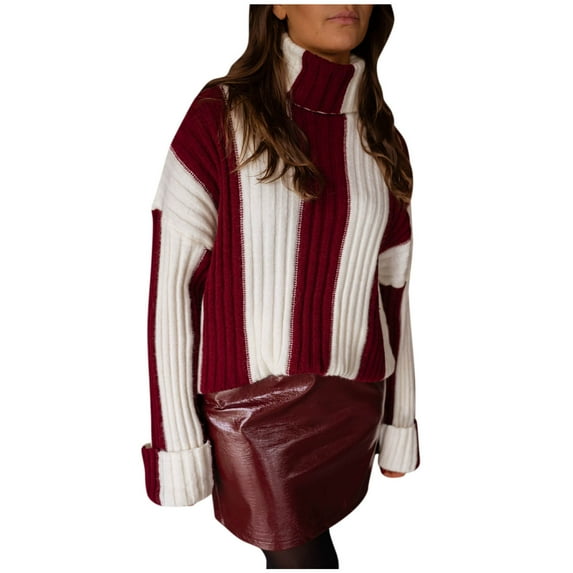 TFEOQRY Women's Color Block Striped Sweater Turtleneck Ribbed Knit Long Sleeve Loose Pullover Casual Fall Winter Top Red