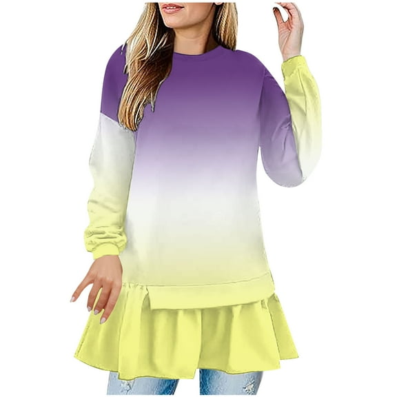 TFEOQRY Women's Color Block Sweatshirt Dress Crew Neck Long Sleeve Ruffle Hem Casual Loose Fall Fashion Top Purple