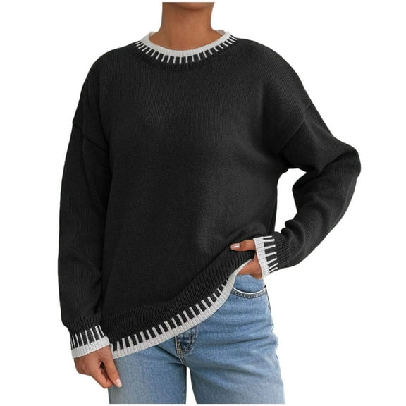 TFEOQRY Women's Contrast Edge Sweater Crew Neck Long Sleeve Loose Knitted Casual Pullover Top Black